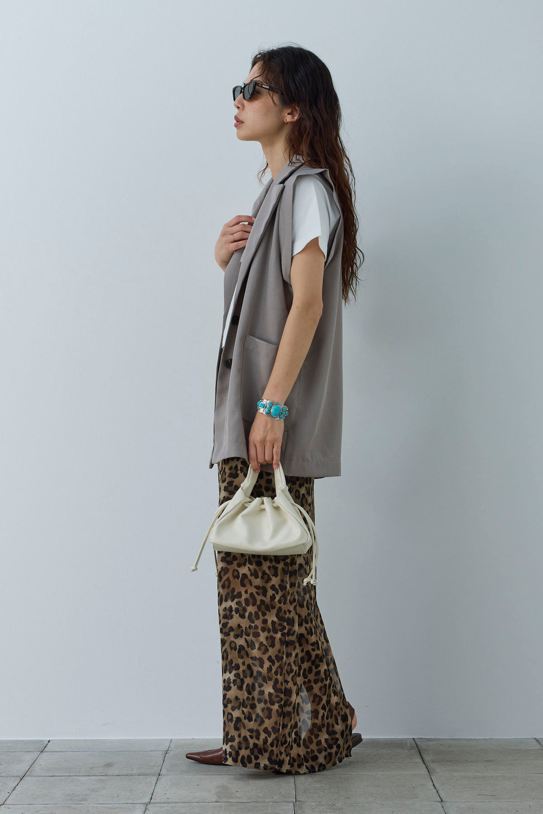 [予約/SET]リネンタッチテーラードジレ+レオパードシアースカート(2set)