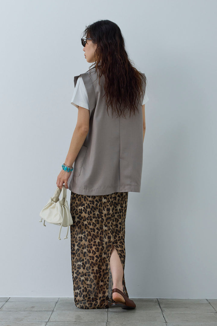 [予約/SET]リネンタッチテーラードジレ+刺繍ロゴショート丈 Tシャツ+レオパードシアースカート(3set)