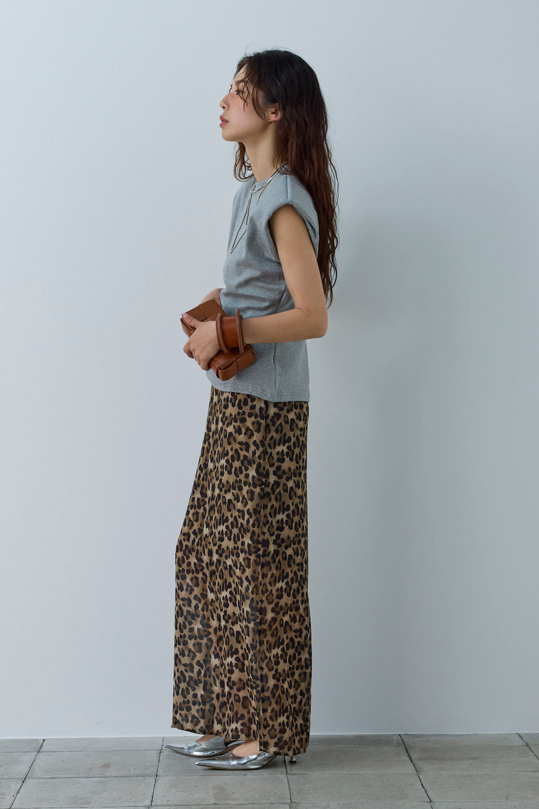 [予約/SET]コード付きノースリT+レオパードシアースカート(2set)