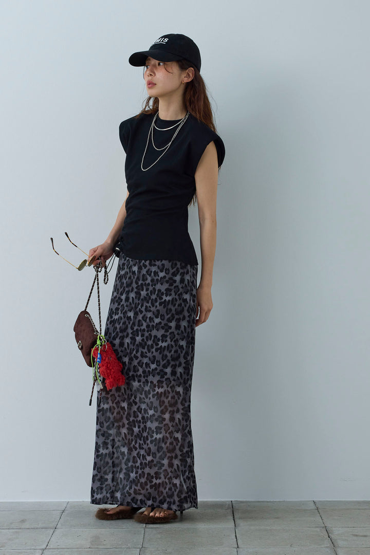 [予約/SET]コード付きノースリT+レオパードシアースカート(2set)