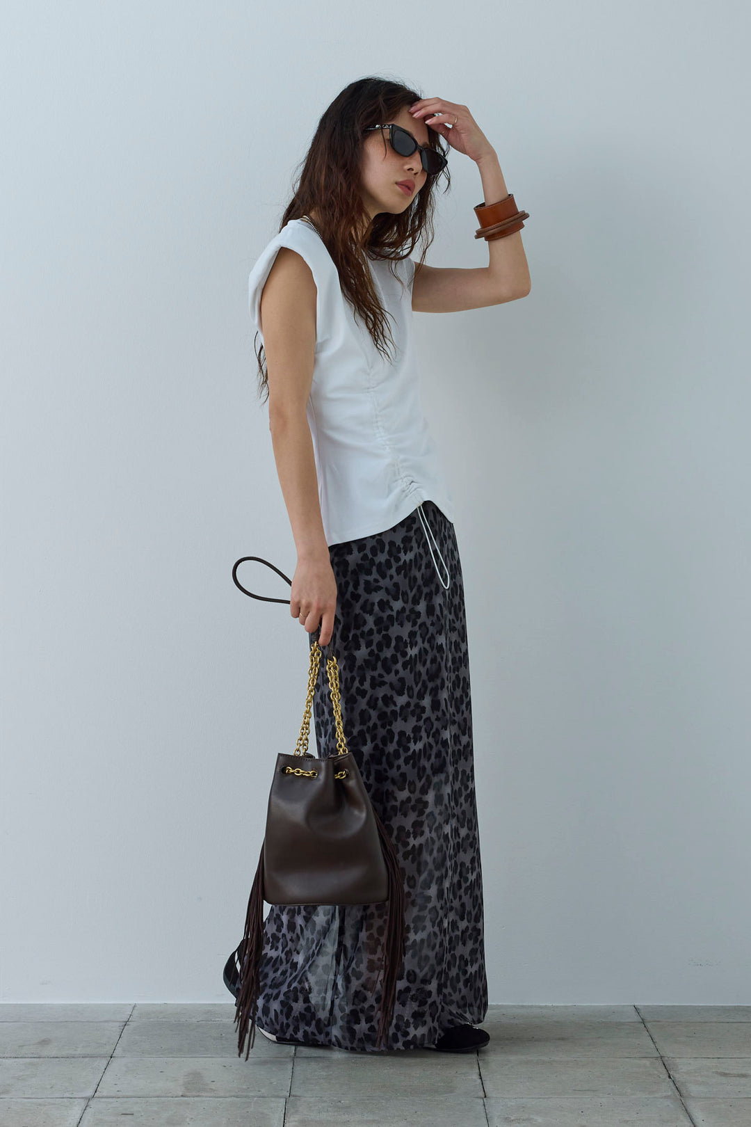 [予約/SET]コード付きノースリT+レオパードシアースカート(2set)