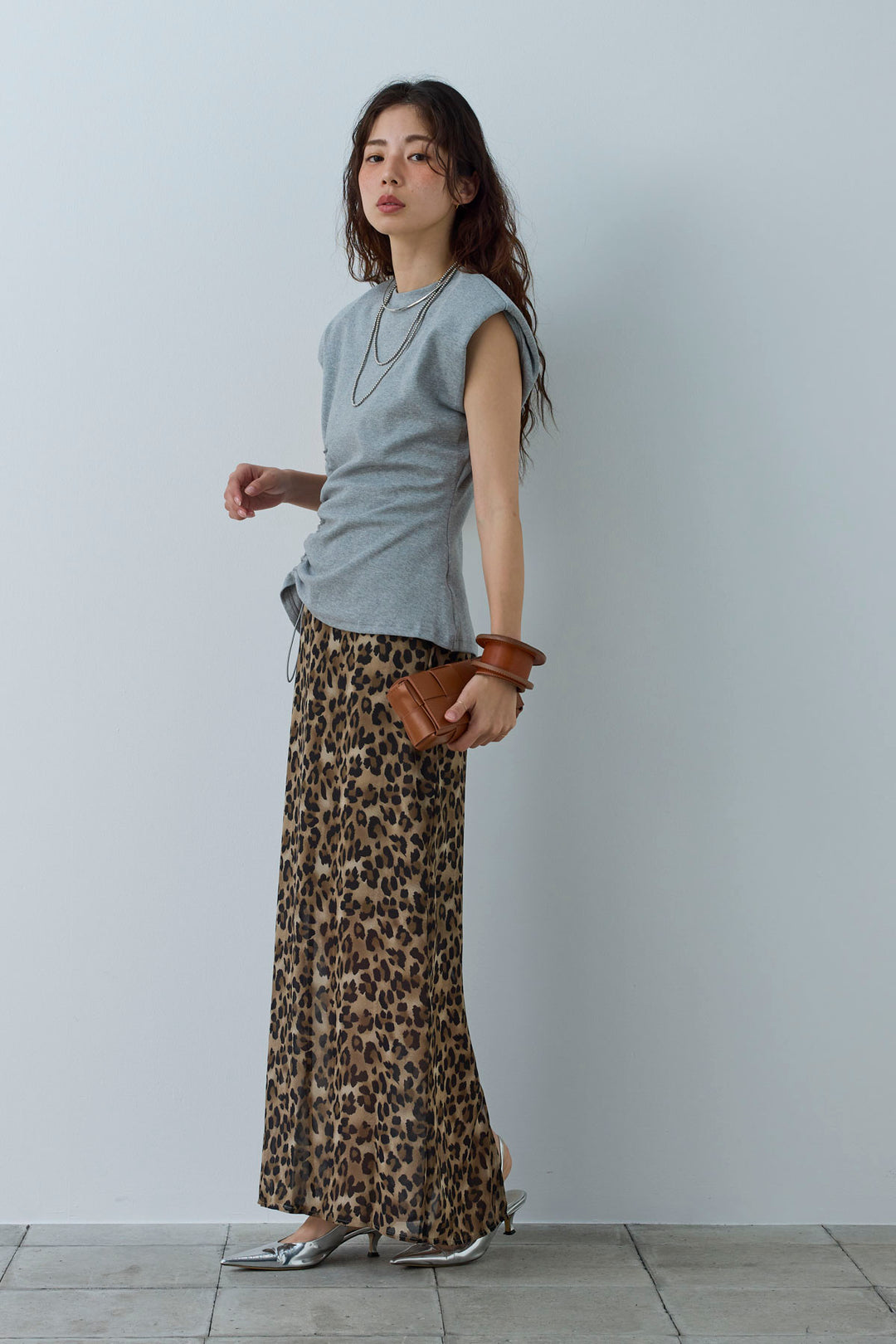 [予約/SET]コード付きノースリT+レオパードシアースカート(2set)