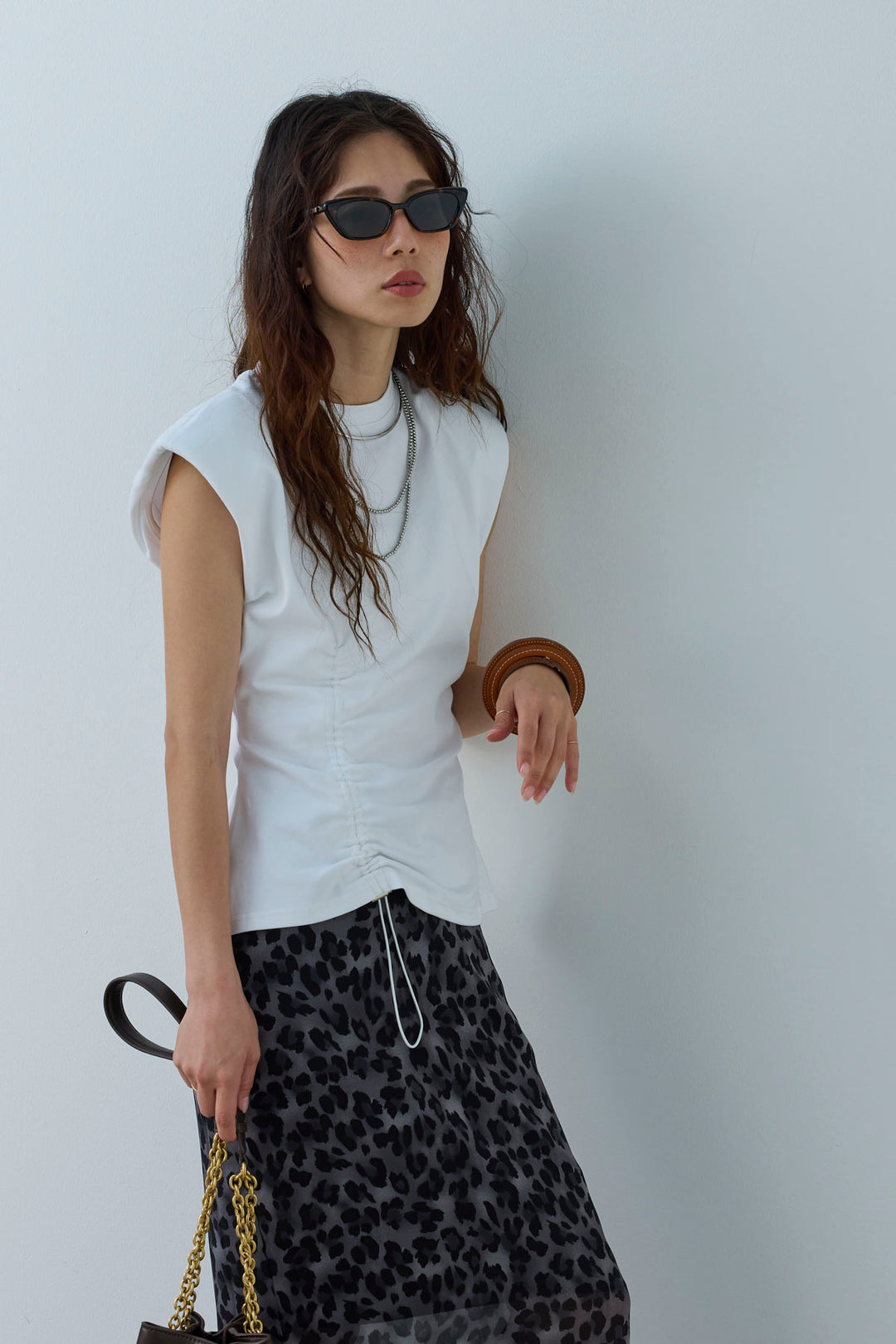 [予約/SET]コード付きノースリT+レオパードシアースカート(2set)