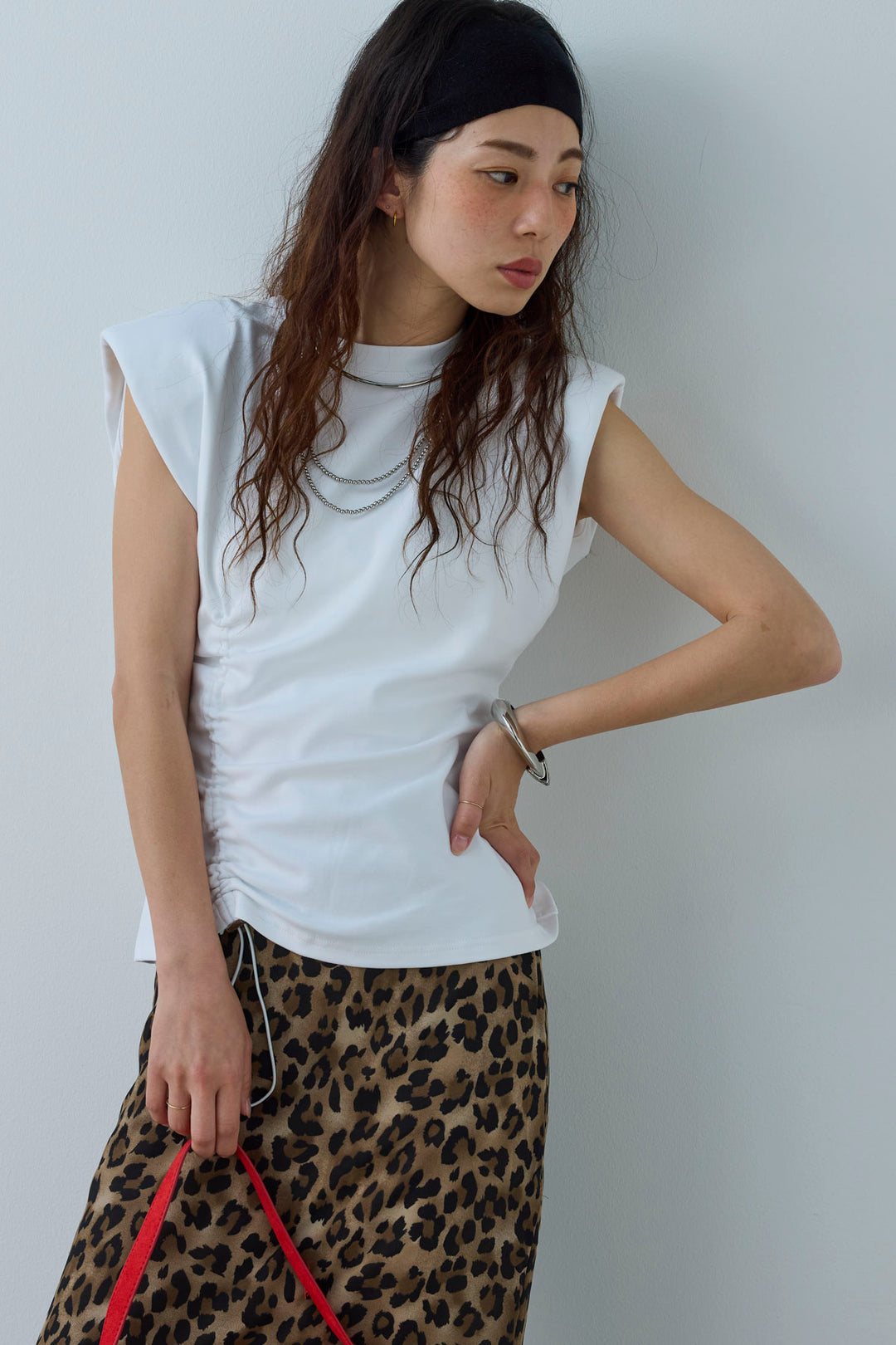 [予約/SET]コード付きノースリT+レオパードシアースカート(2set)