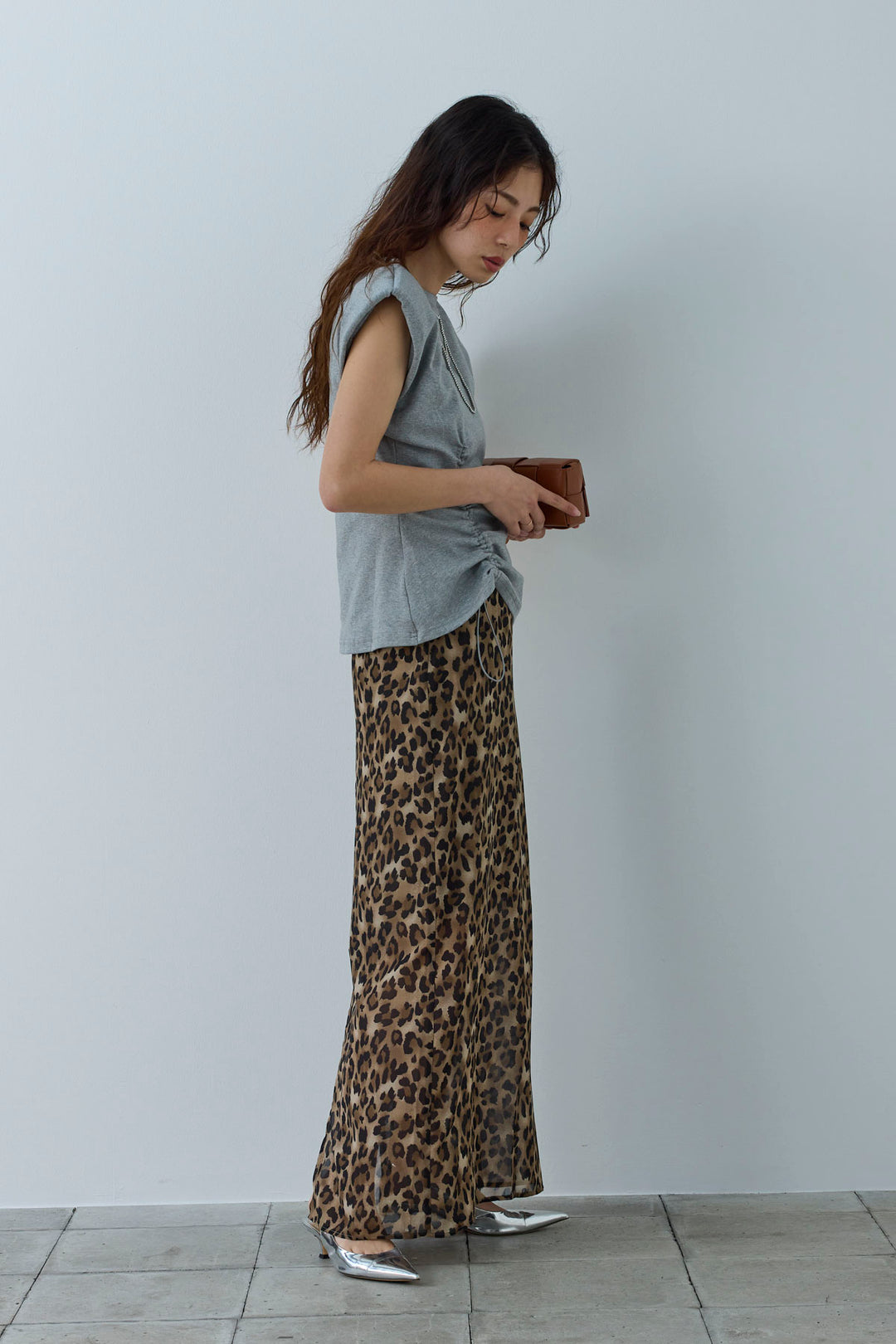 [予約/SET]コード付きノースリT+レオパードシアースカート(2set)