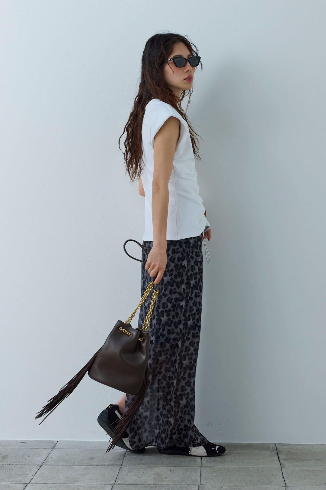 [予約/SET]コード付きノースリT+レオパードシアースカート(2set)