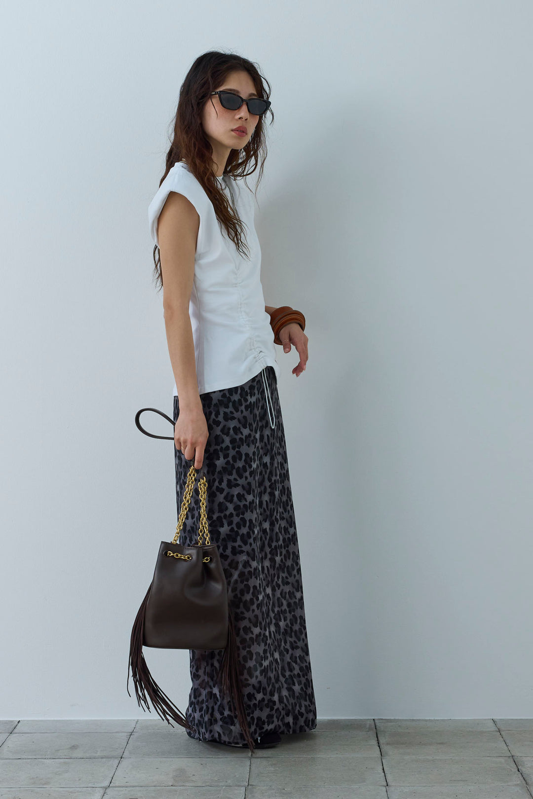 [予約/SET]コード付きノースリT+レオパードシアースカート(2set)