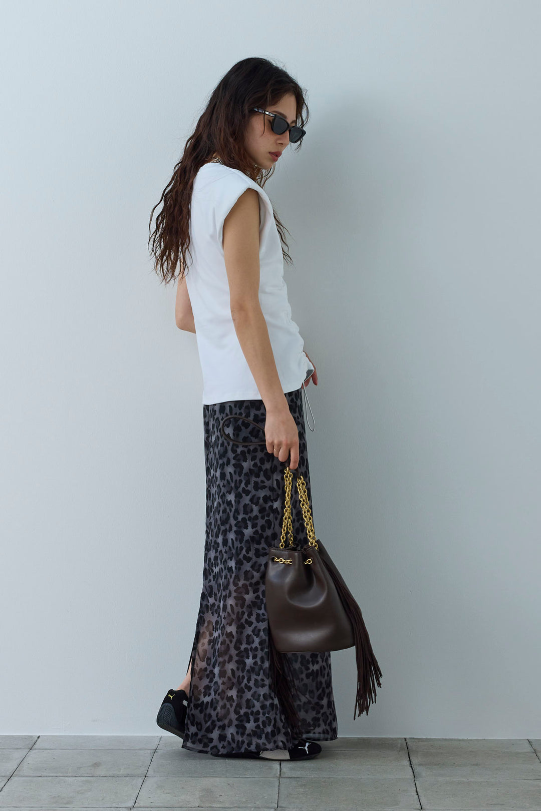 [予約/SET]コード付きノースリT+レオパードシアースカート(2set)