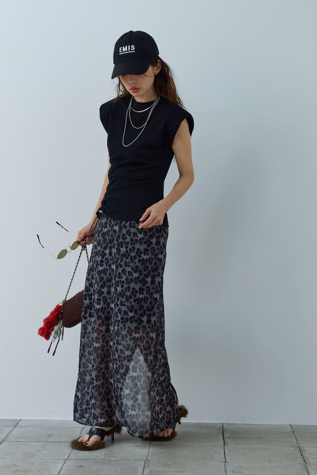 [予約/SET]コード付きノースリT+レオパードシアースカート(2set)