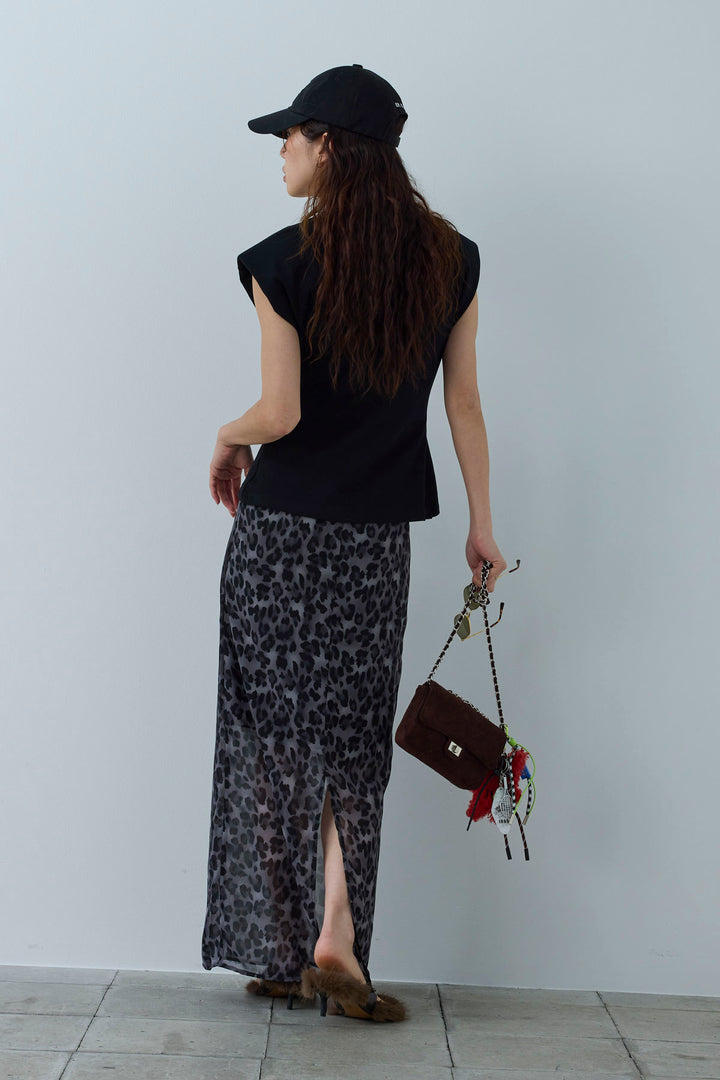 [予約/SET]コード付きノースリT+レオパードシアースカート(2set)