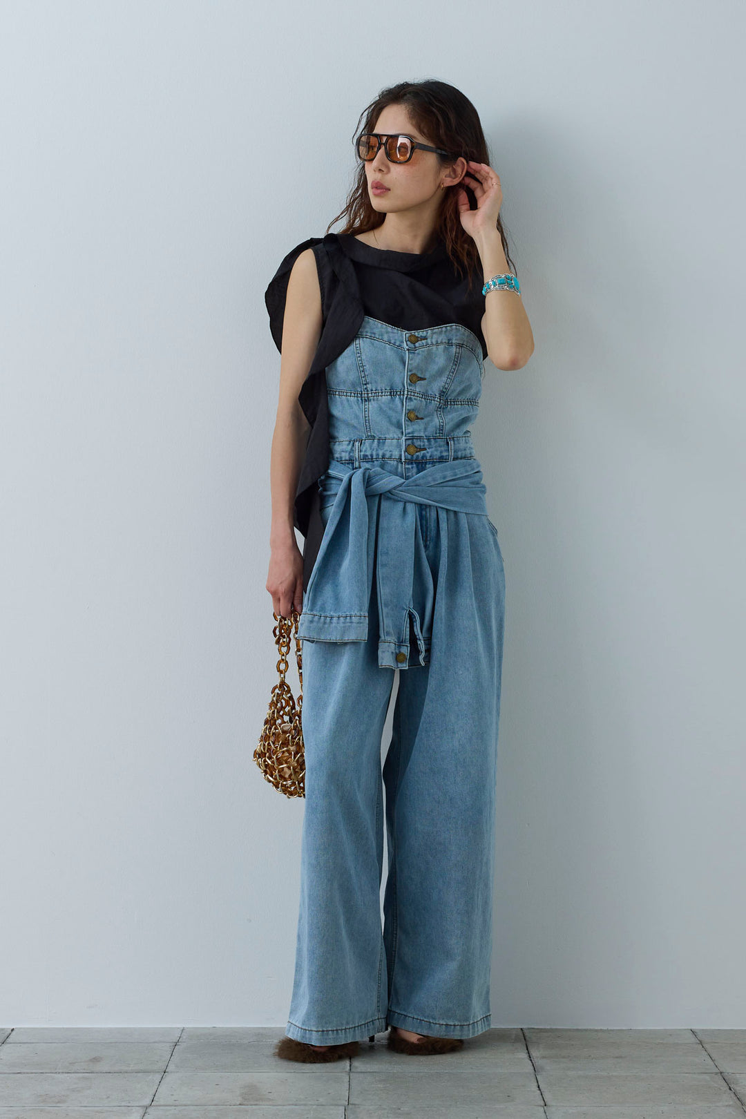 [予約/SET]アシメフリルタイブラウス+2WAYデニムベアサロペット(2set)