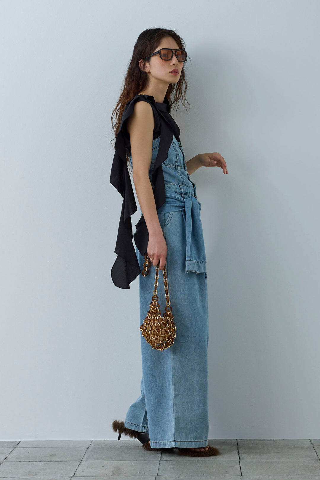 [予約/SET]アシメフリルタイブラウス+2WAYデニムベアサロペット(2set)