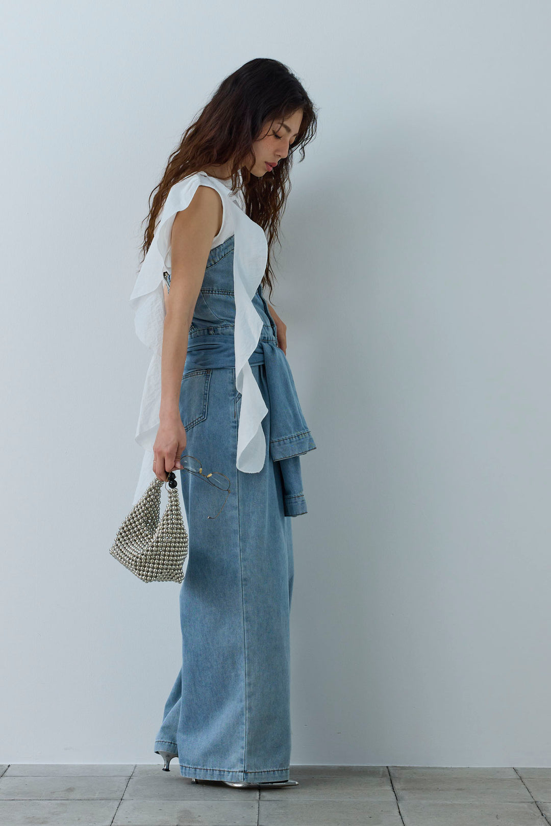 [予約/SET]アシメフリルタイブラウス+2WAYデニムベアサロペット(2set)