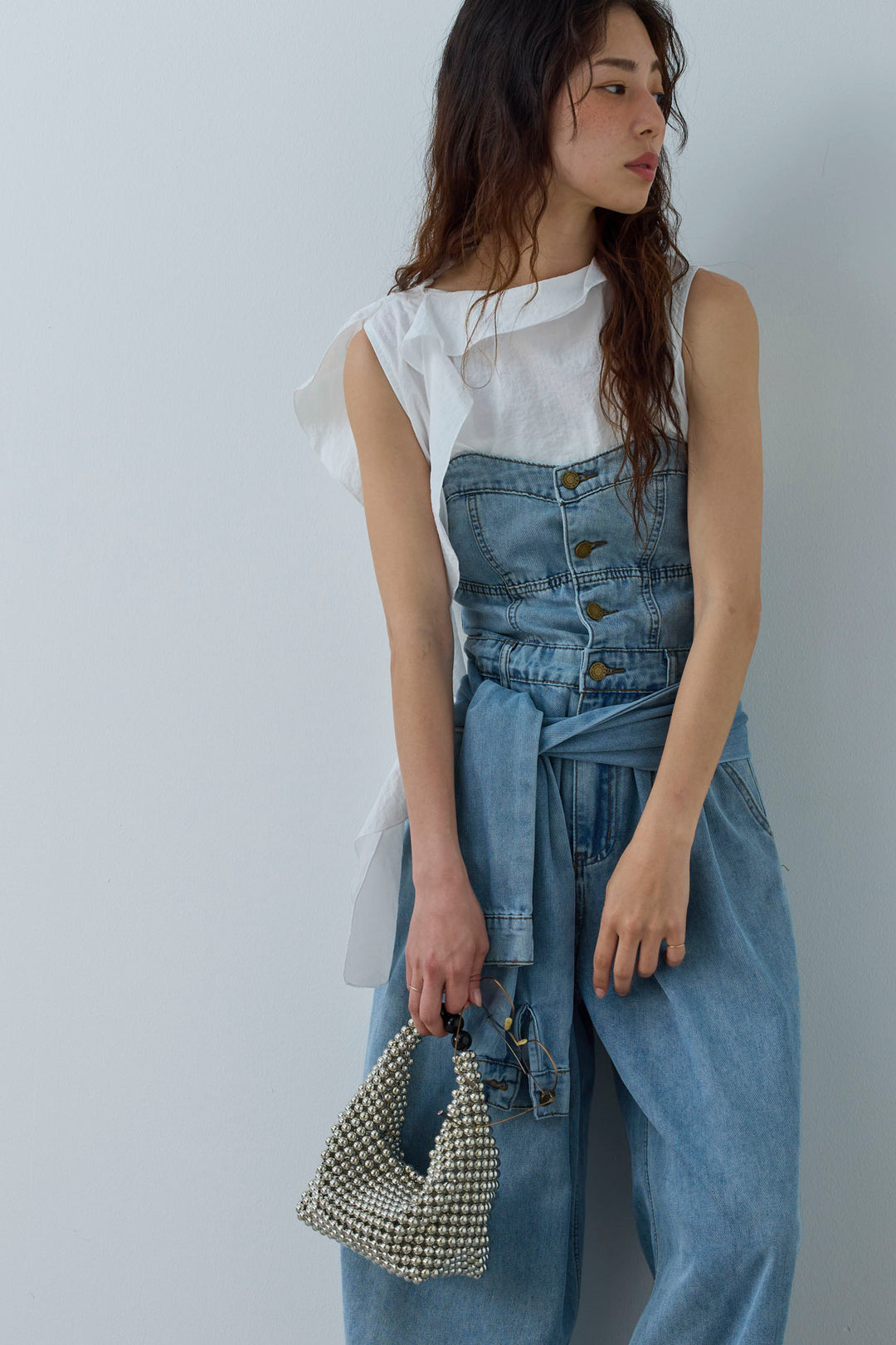 [予約/SET]アシメフリルタイブラウス+2WAYデニムベアサロペット(2set)