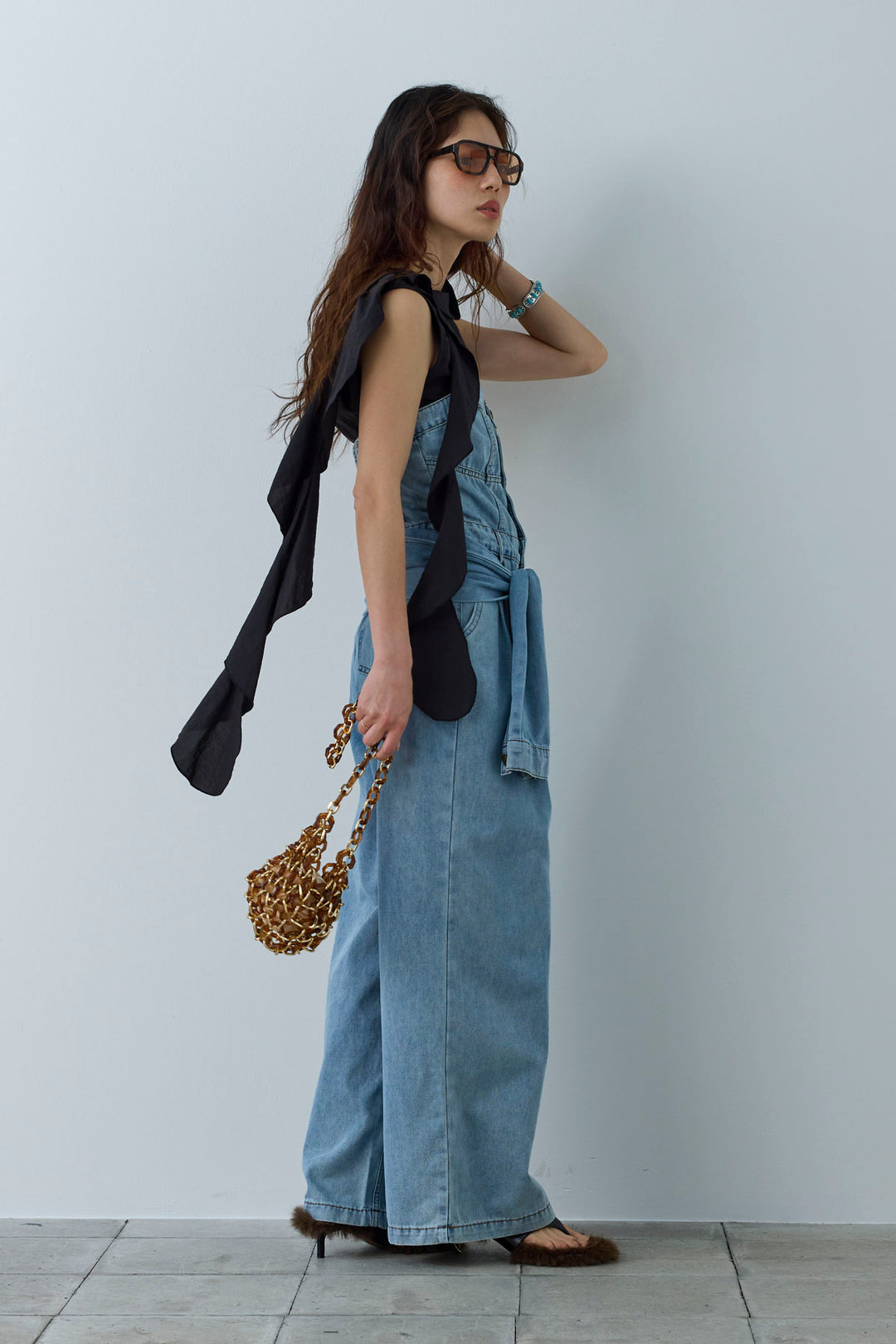 [予約/SET]アシメフリルタイブラウス+2WAYデニムベアサロペット(2set)