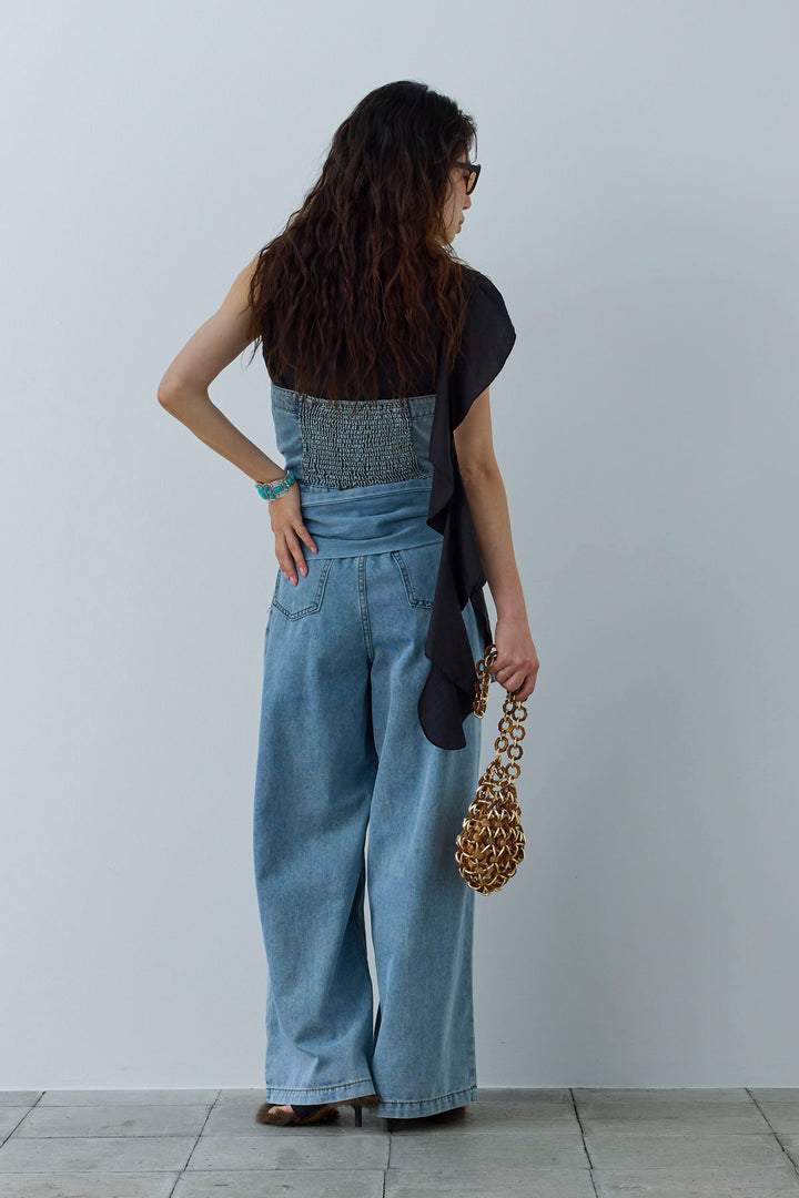 [予約/SET]アシメフリルタイブラウス+2WAYデニムベアサロペット(2set)