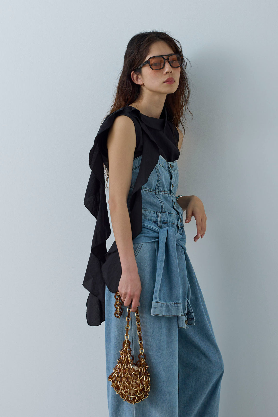 [予約/SET]アシメフリルタイブラウス+2WAYデニムベアサロペット(2set)