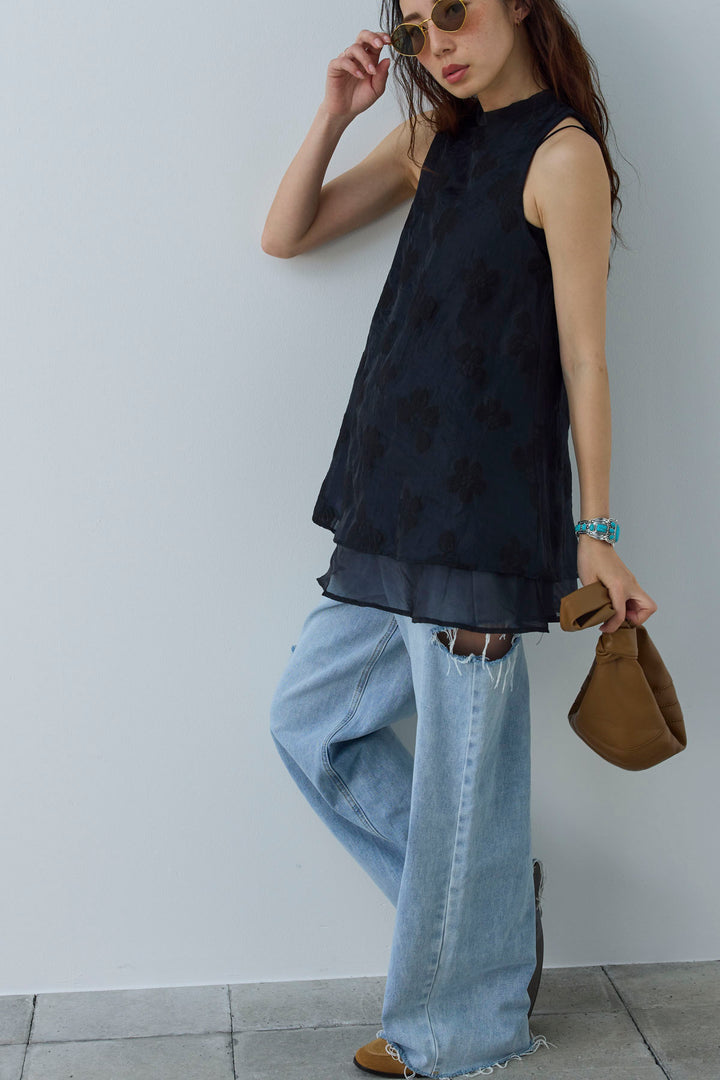 [予約/SET]フラワーシアーブラウス+サイドスラッシュデニム(2set)