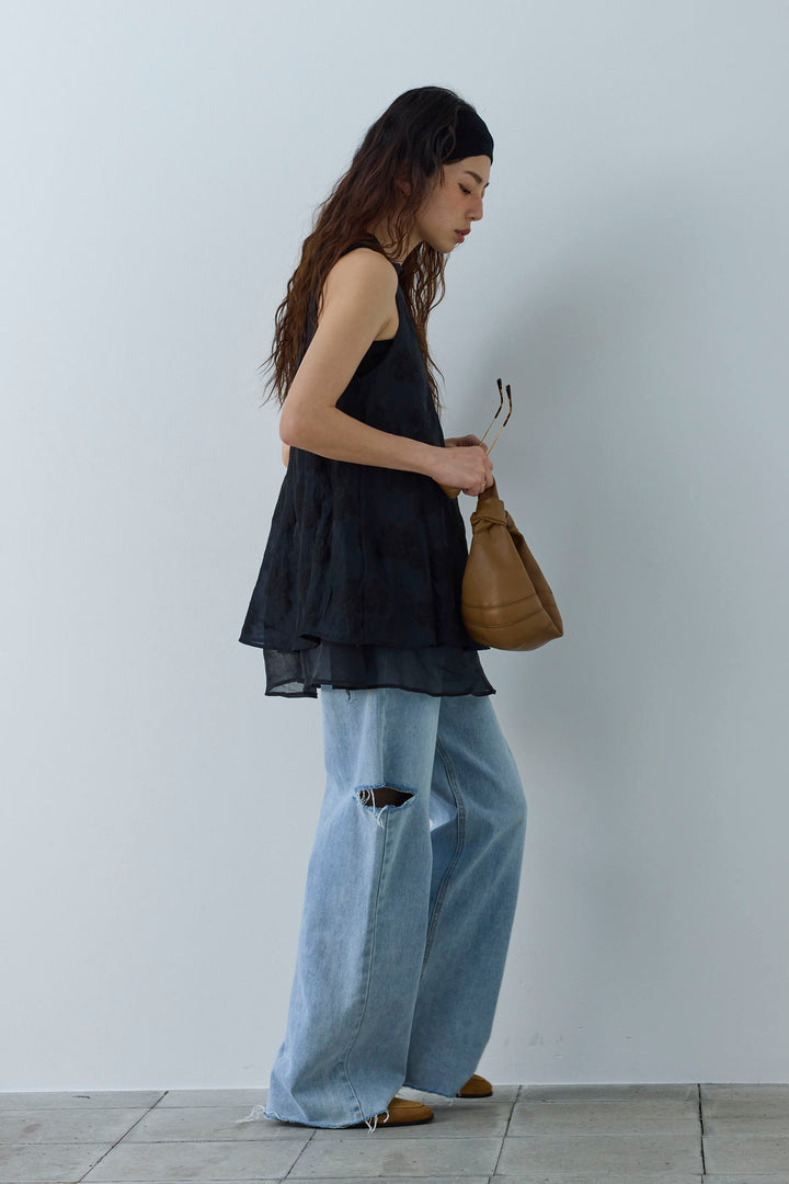 [予約/SET]フラワーシアーブラウス+サイドスラッシュデニム(2set)