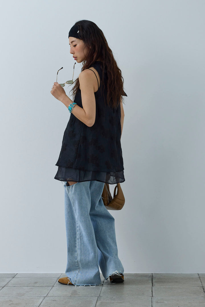 [予約/SET]フラワーシアーブラウス+サイドスラッシュデニム(2set)