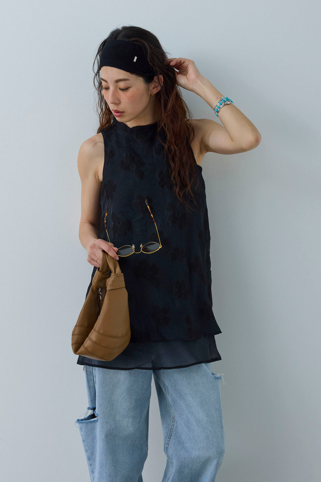 [予約/SET]フラワーシアーブラウス+サイドスラッシュデニム(2set)