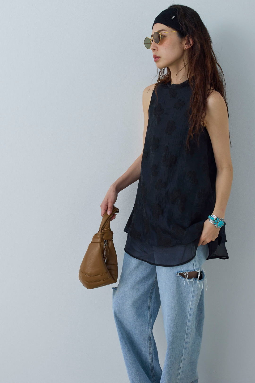 [予約/SET]フラワーシアーブラウス+サイドスラッシュデニム(2set)