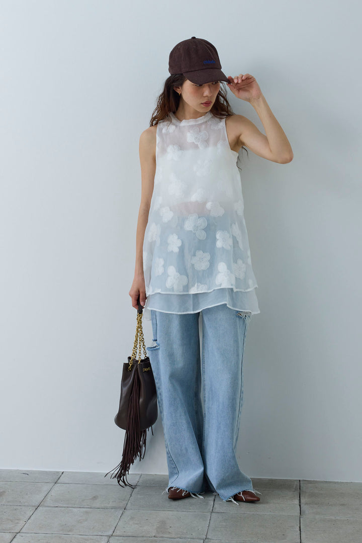 [予約/SET]フラワーシアーブラウス+サイドスラッシュデニム(2set)