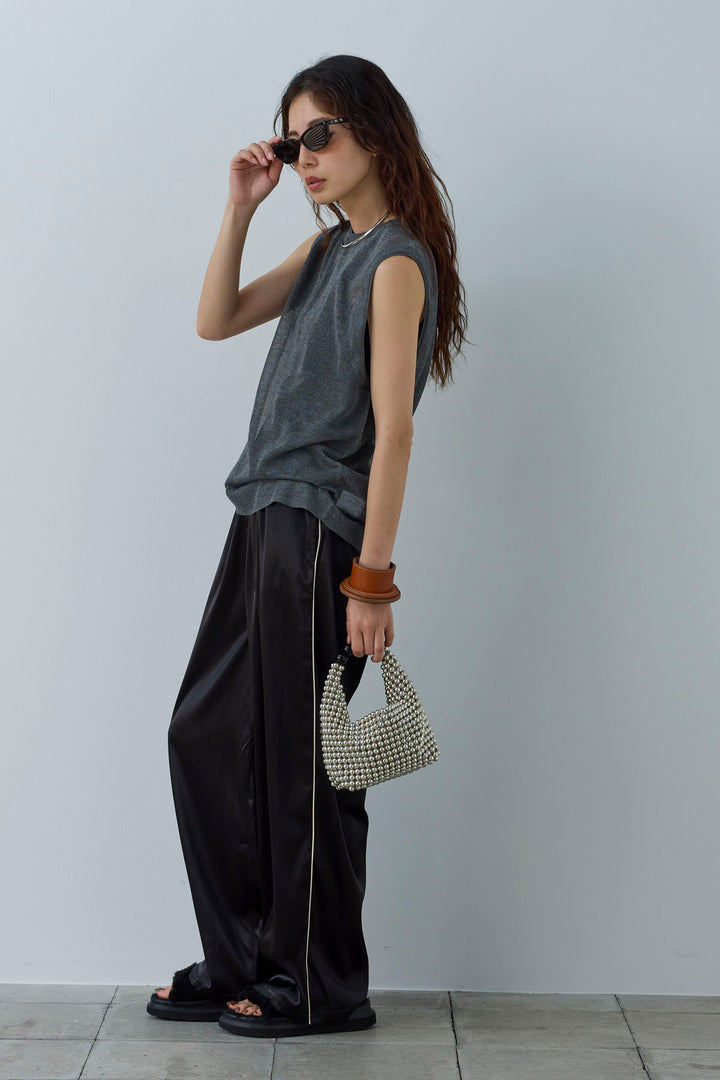 [予約/SET]シアーノースリーブニット+サイドラインサテンパンツ(2set)