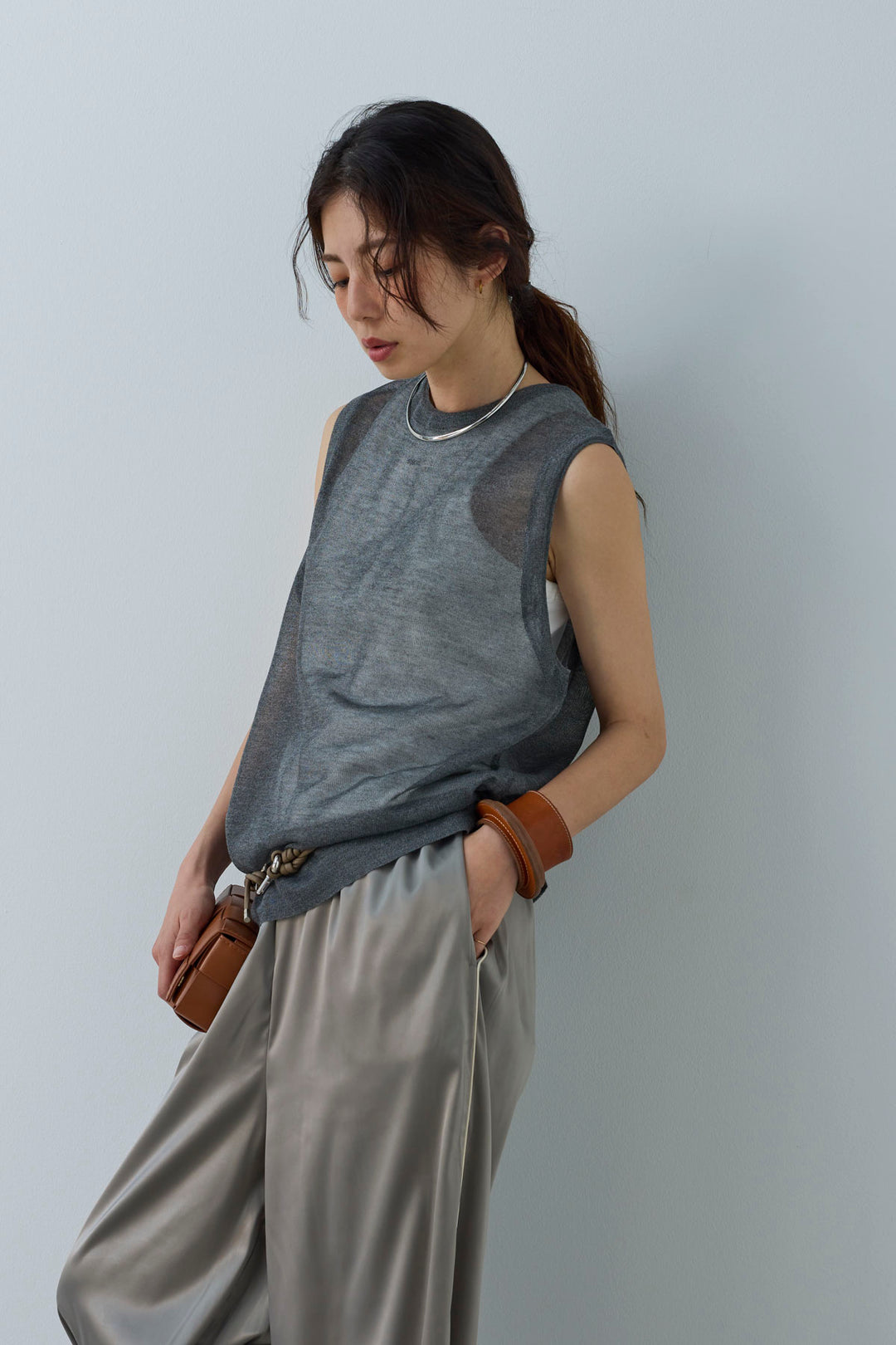 [予約/SET]シアーノースリーブニット+ネーム入りアメスリタンク+サイドラインサテンパンツ(3set)