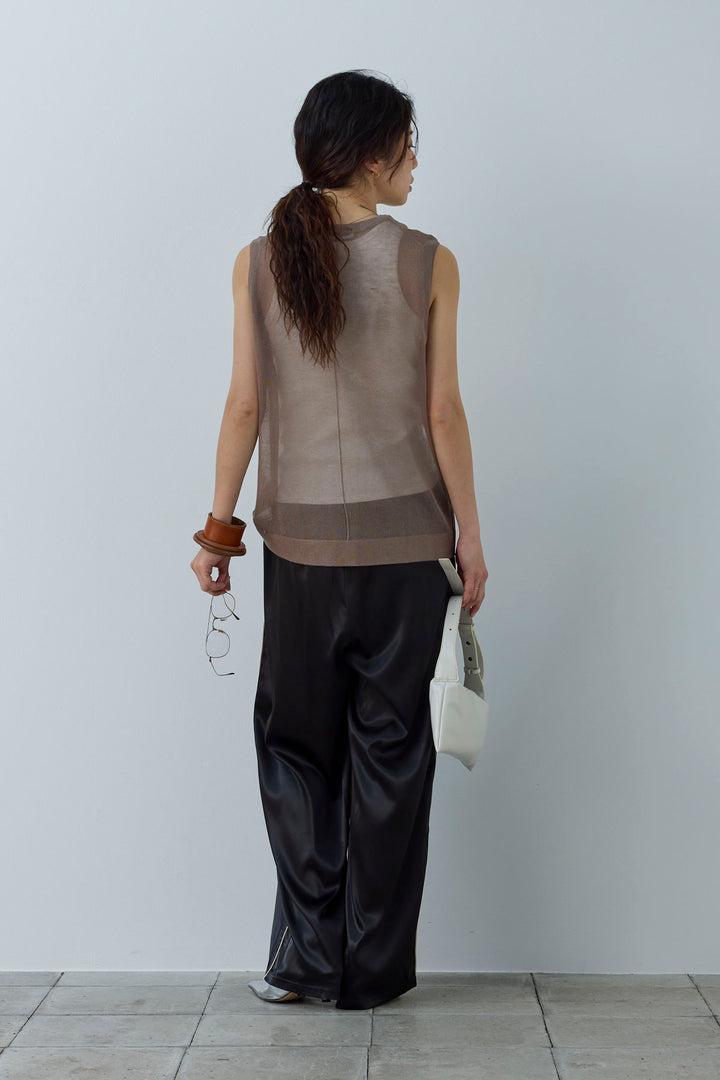 [予約/SET]シアーノースリーブニット+サイドラインサテンパンツ(2set)