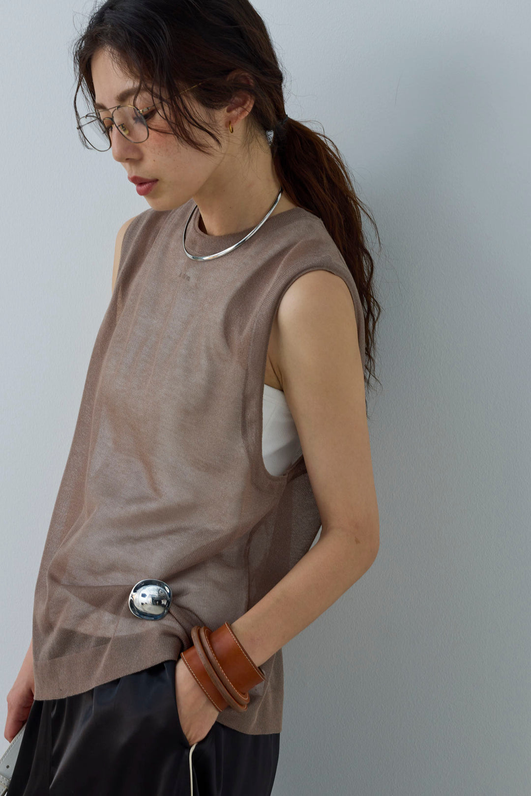 [予約/SET]シアーノースリーブニット+ネーム入りアメスリタンク+サイドラインサテンパンツ(3set)