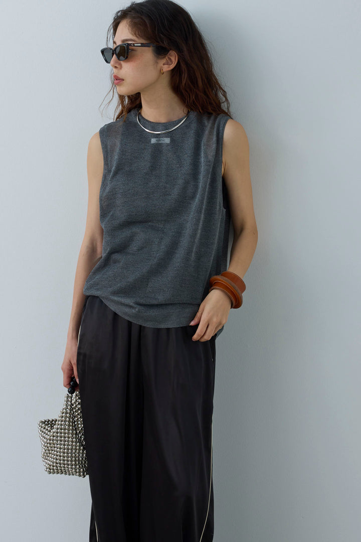 [予約/SET]シアーノースリーブニット+サイドラインサテンパンツ(2set)