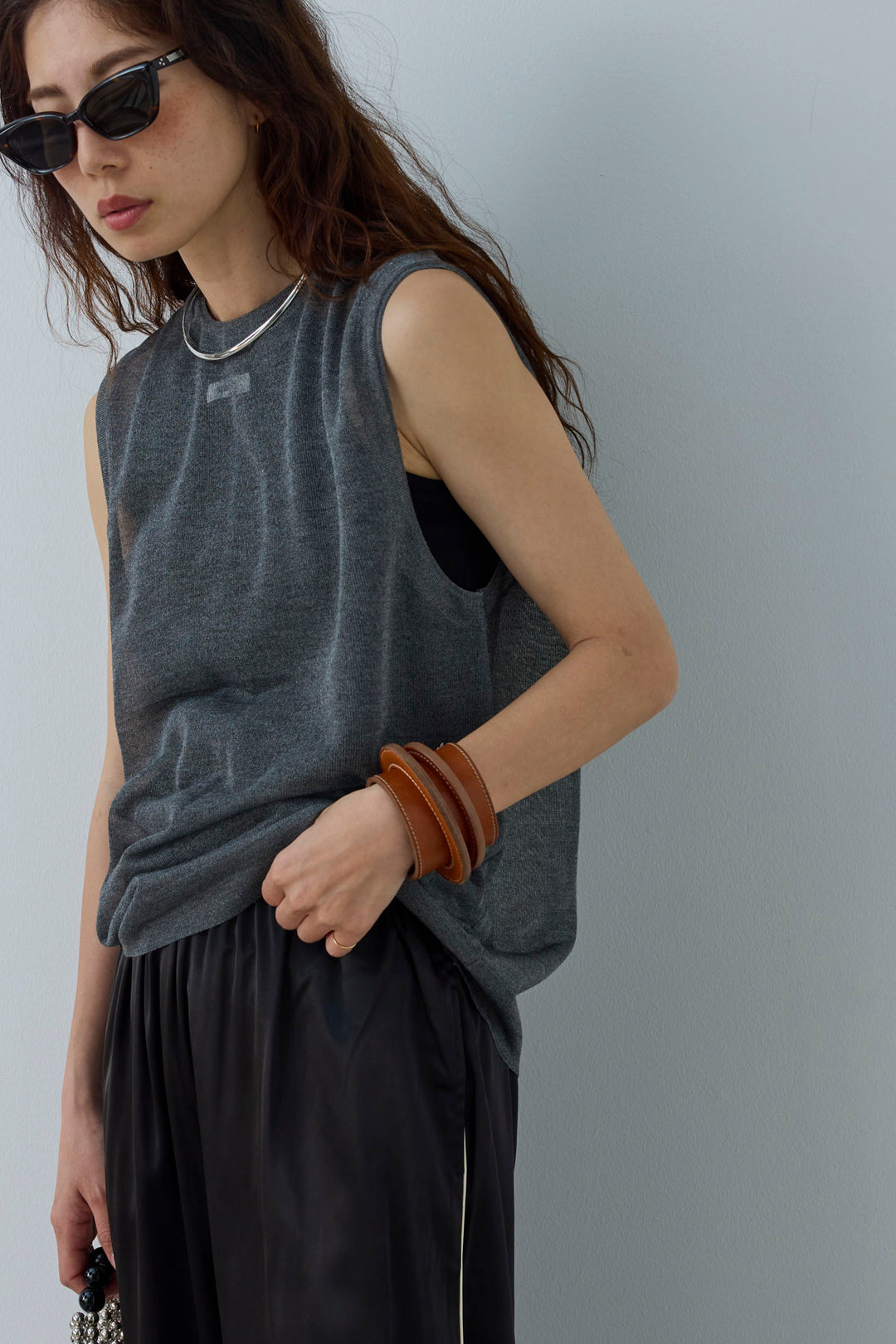 [予約/SET]シアーノースリーブニット+ネーム入りアメスリタンク+サイドラインサテンパンツ(3set)