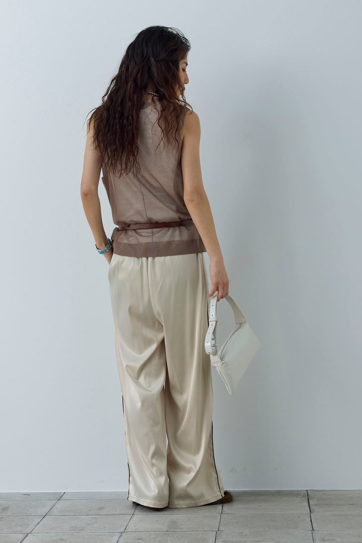 [予約/SET]シアーノースリーブニット+サイドラインサテンパンツ(2set)