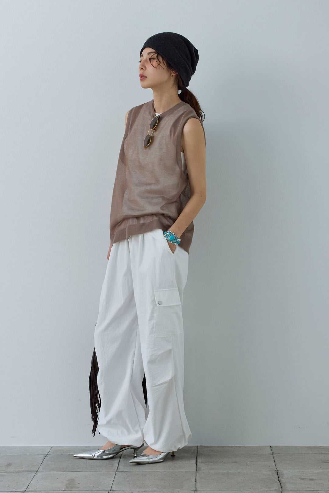 [予約/SET]シアーノースリーブニット+ネーム入りアメスリタンク+カーゴパンツ(3set)