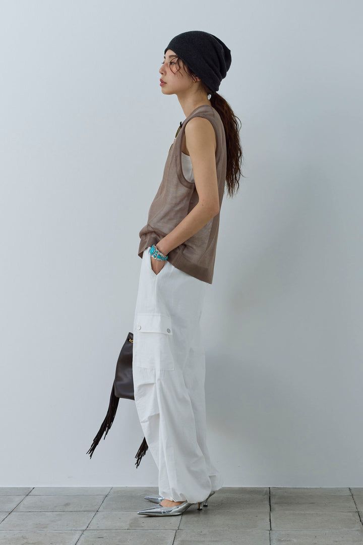 [予約/SET]シアーノースリーブニット+ネーム入りアメスリタンク+カーゴパンツ(3set)