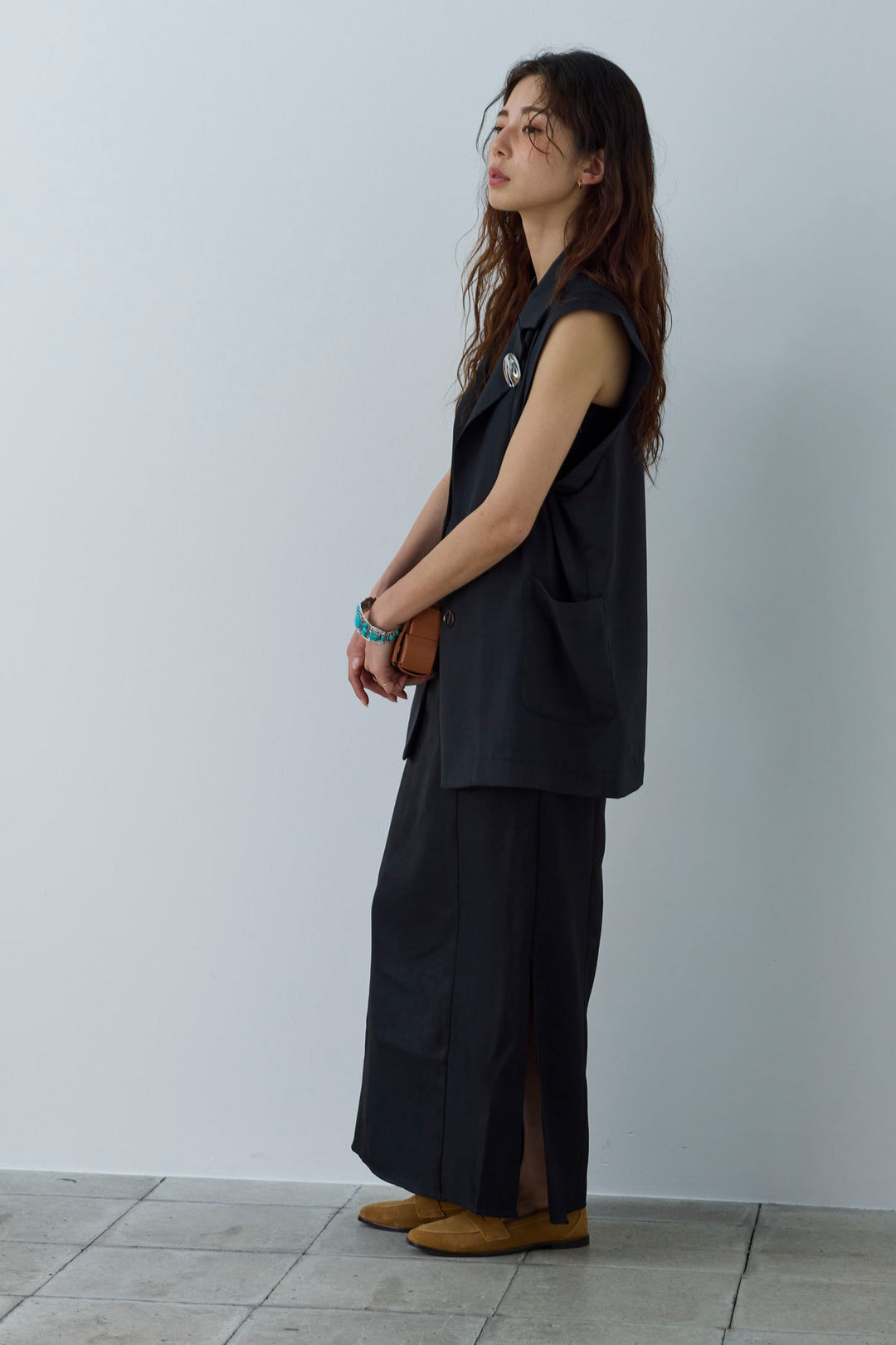 [予約/SET]リネンタッチテーラードジレ+ヘザーツイルキャミワンピース(2set)