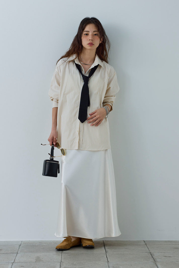 [予約/SET]刺繍入りストライプオーバーサイズシャツ+サテンナロースカート(2set)
