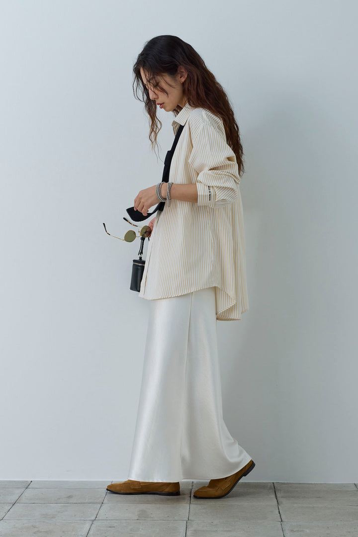[予約/SET]刺繍入りストライプオーバーサイズシャツ+サテンナロースカート(2set)