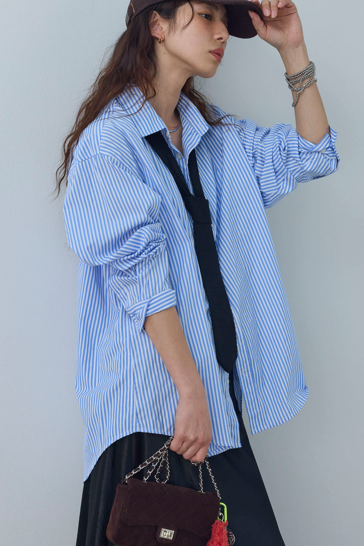 [予約/SET]刺繍入りストライプオーバーサイズシャツ+サテンナロースカート(2set)