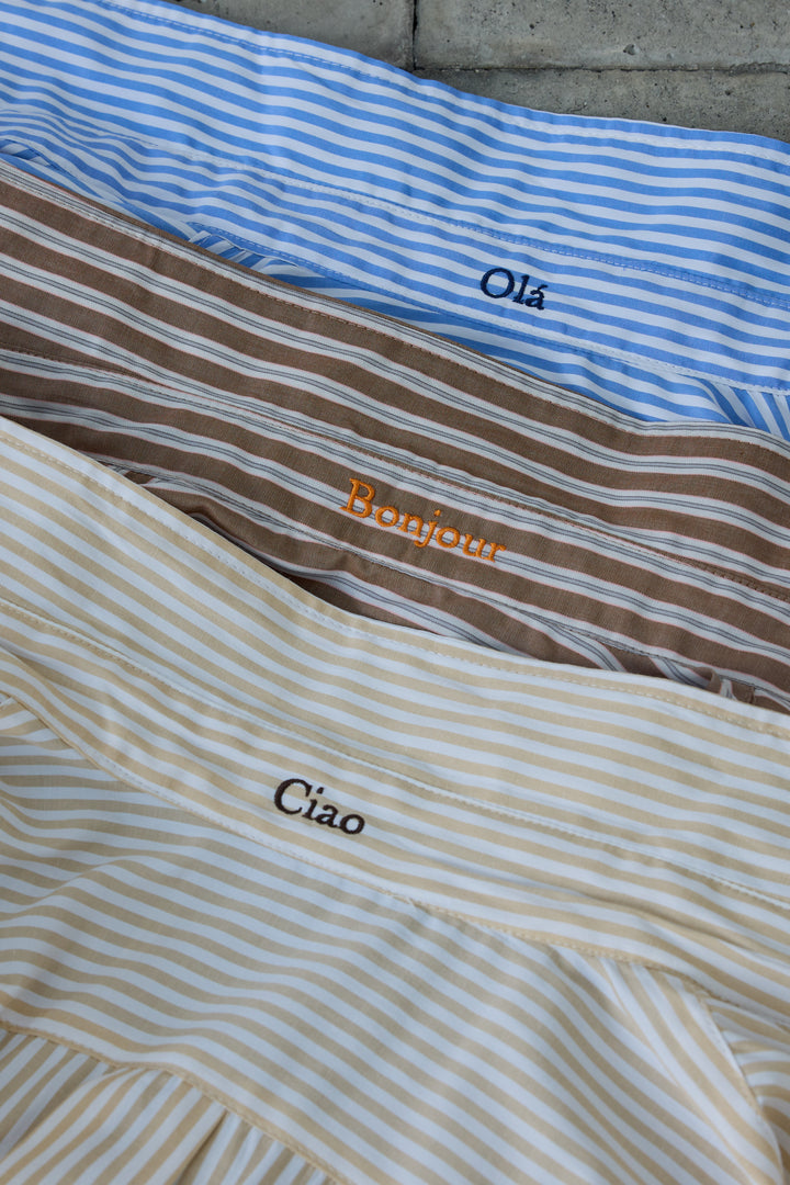 [予約/SET]刺繍入りストライプオーバーサイズシャツ+サテンナロースカート(2set)