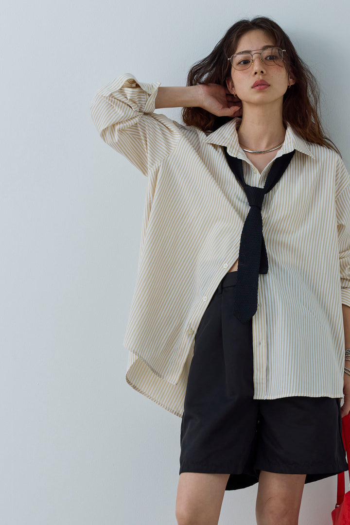 [予約/SET]刺繍入りストライプオーバーサイズシャツ+ツイルタックハーフパンツ(2set)