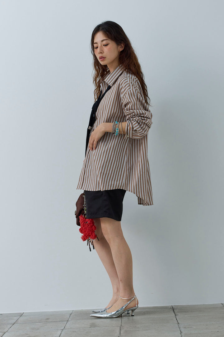 [予約/SET]刺繍入りストライプオーバーサイズシャツ+ツイルタックハーフパンツ(2set)