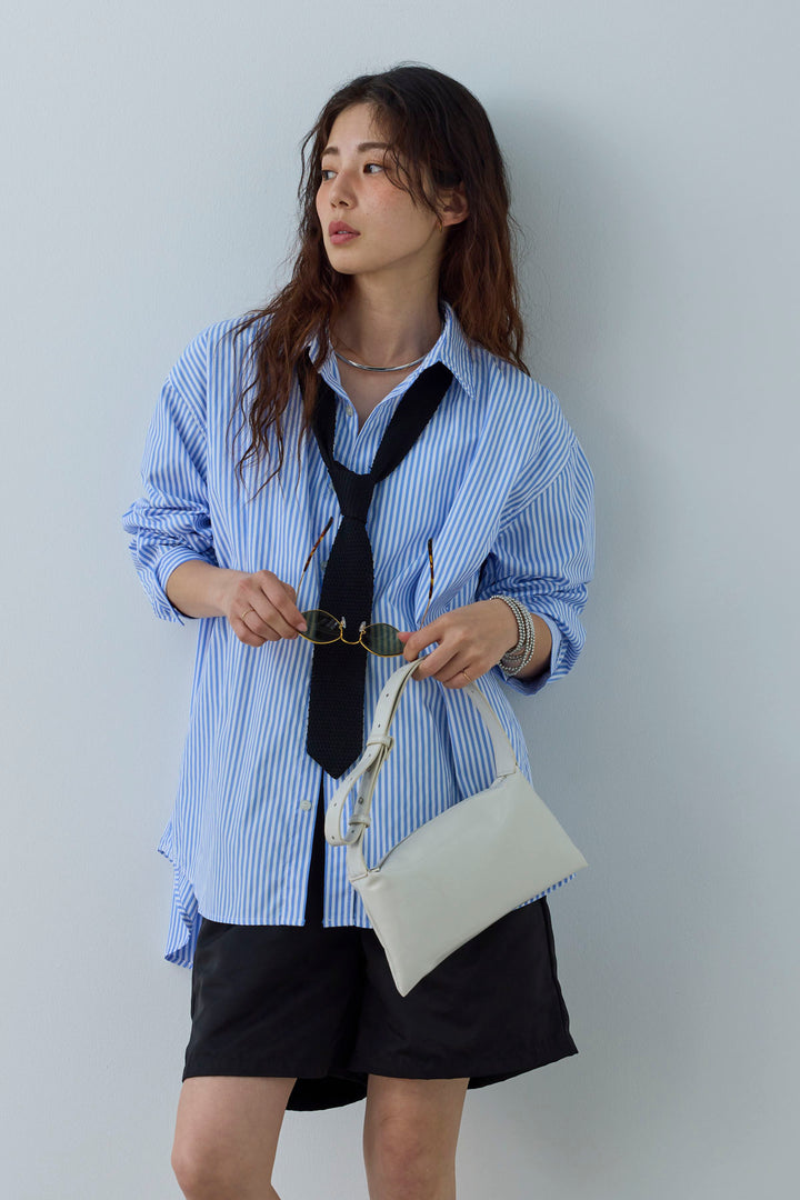 [予約/SET]刺繍入りストライプオーバーサイズシャツ+ツイルタックハーフパンツ(2set)