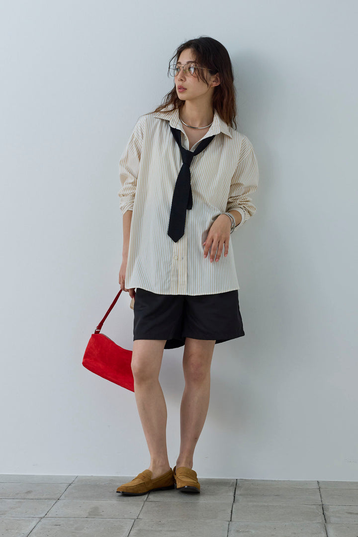 [予約/SET]刺繍入りストライプオーバーサイズシャツ+ツイルタックハーフパンツ(2set)
