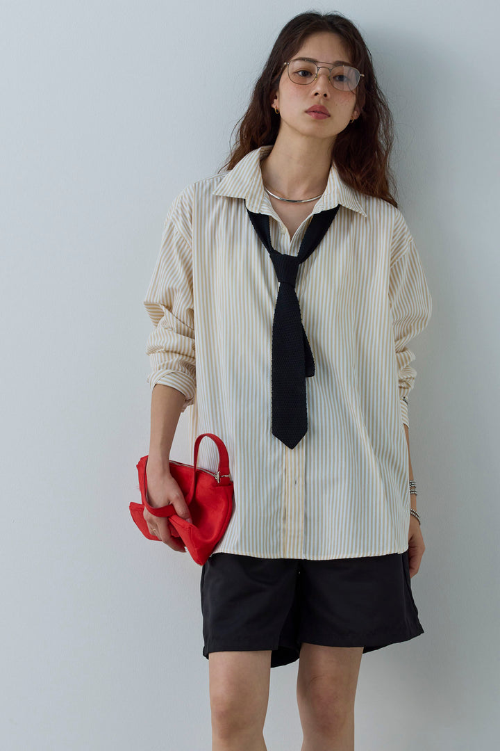 [予約/SET]刺繍入りストライプオーバーサイズシャツ+ツイルタックハーフパンツ(2set)