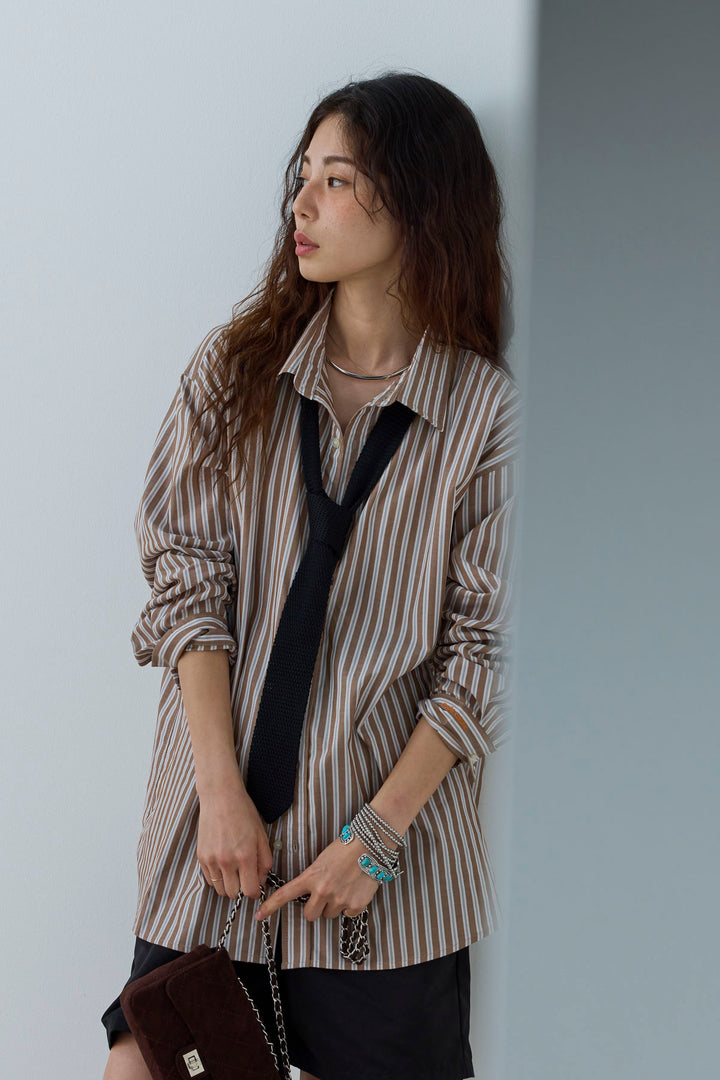 [予約/SET]刺繍入りストライプオーバーサイズシャツ+ツイルタックハーフパンツ(2set)