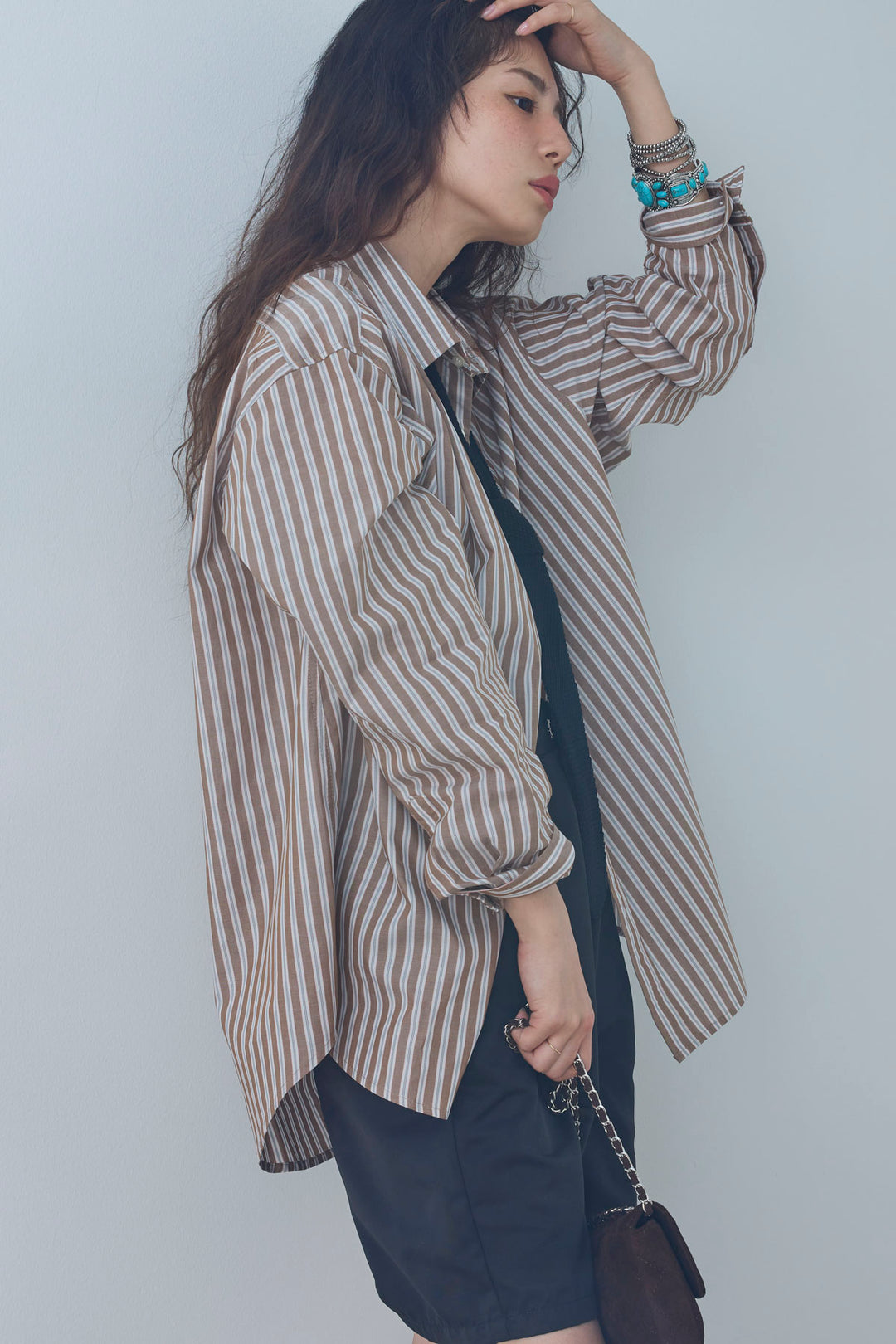 [予約/SET]刺繍入りストライプオーバーサイズシャツ+ツイルタックハーフパンツ(2set)