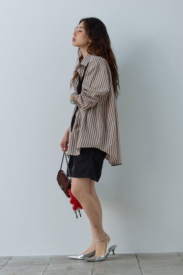 [予約/SET]刺繍入りストライプオーバーサイズシャツ+ツイルタックハーフパンツ(2set)