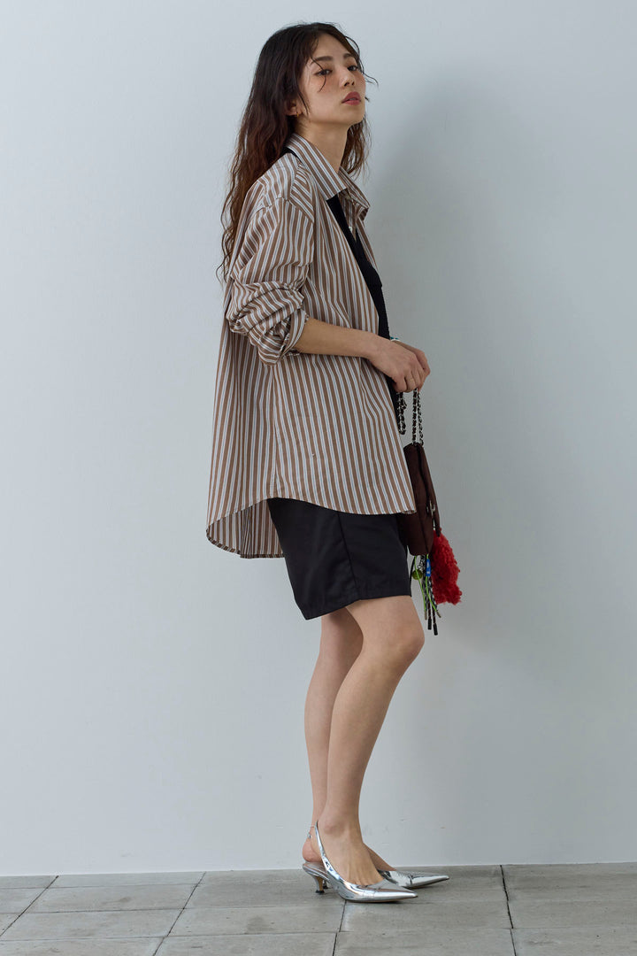 [予約/SET]刺繍入りストライプオーバーサイズシャツ+ツイルタックハーフパンツ(2set)